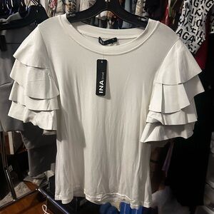 Ina Women's Cream Faux Leather Ruffle Short Sleeve Tee